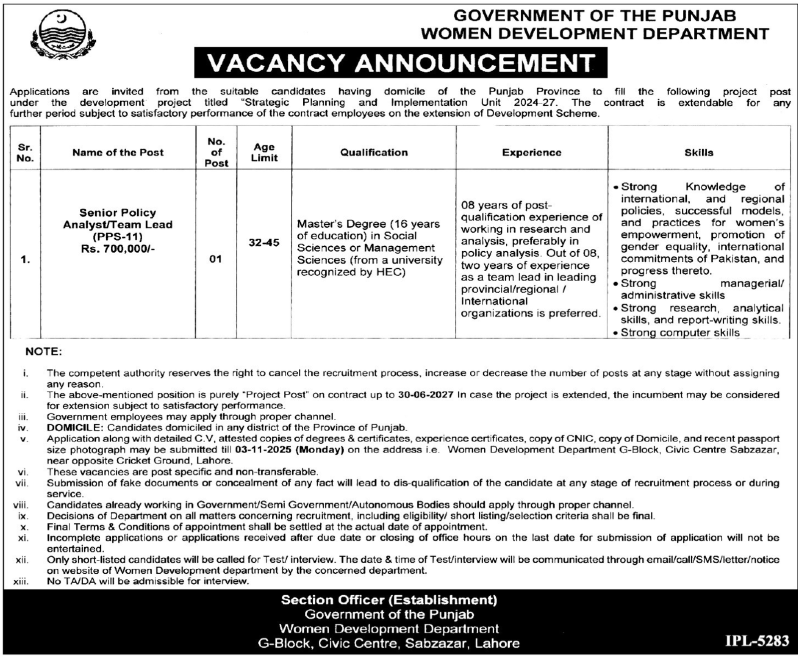 Women Development Department Lahore Job 2025 – Women Development Department Punjab Jobs 2025 — original advertisement