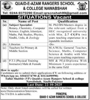 Quaid E Azam Rangers School & College Jobs 2025 For Teachers – Quaid E Azam Rangers School and College Jobs 2025 — original advertisement