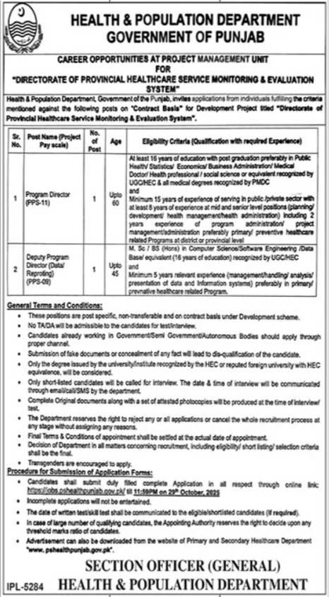 Health & Population Department Lahore Jobs 2025 – Population Welfare Department Punjab Jobs 2025 — original advertisement