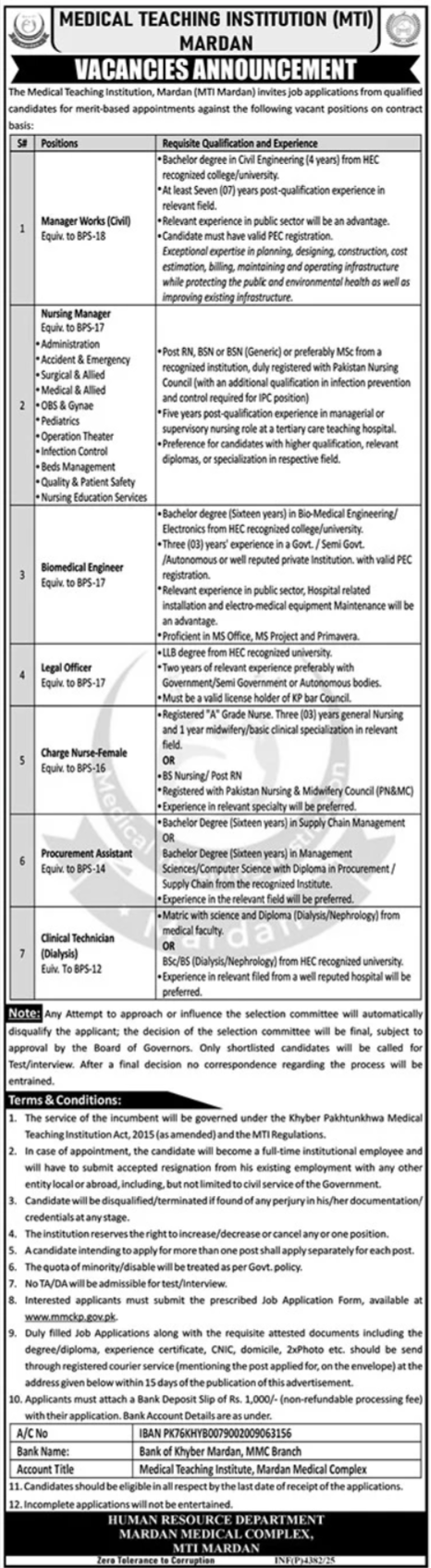 Mardan Medical Complex MTI Mardan Jobs 2025 Jobs 2025 — original advertisement