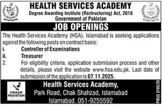 HSA Health Services Academy Islamabad Jobs 2025 Jobs 2025 — original advertisement