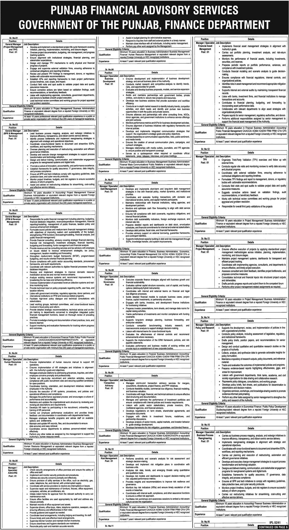 Finance Department Lahore Jobs 2025 – Finance Department Punjab Jobs 2025 — original advertisement