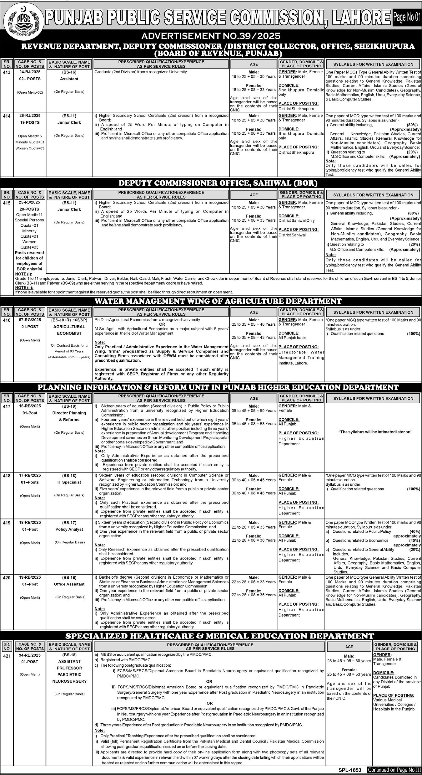 Punjab Public Service Commission PPSC Jobs 39/2025 – Punjab Public Service Commission Lahore Jobs 2025 — original advertisement