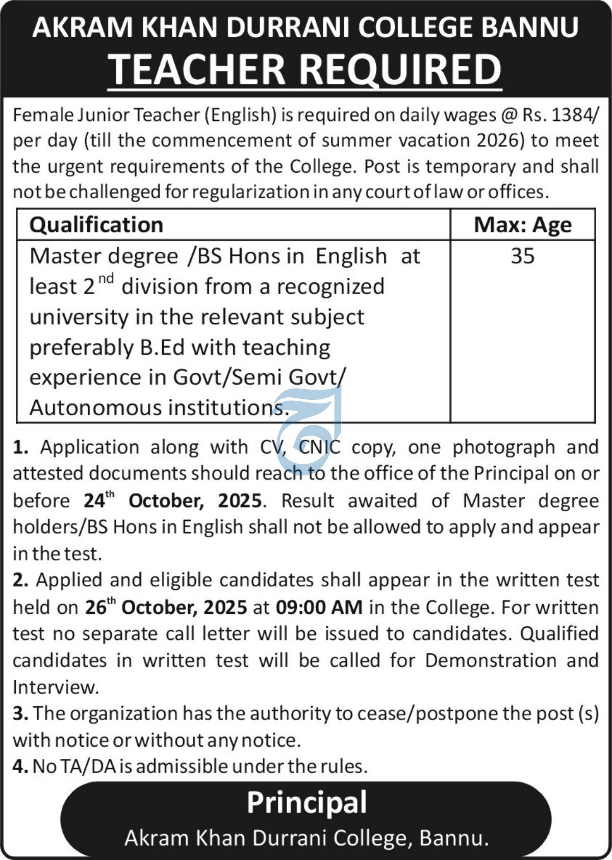 Akram Khan Durrani College Bannu Jobs 2025 – Akram Kuan Durrani College Jobs 2025 — original advertisement
