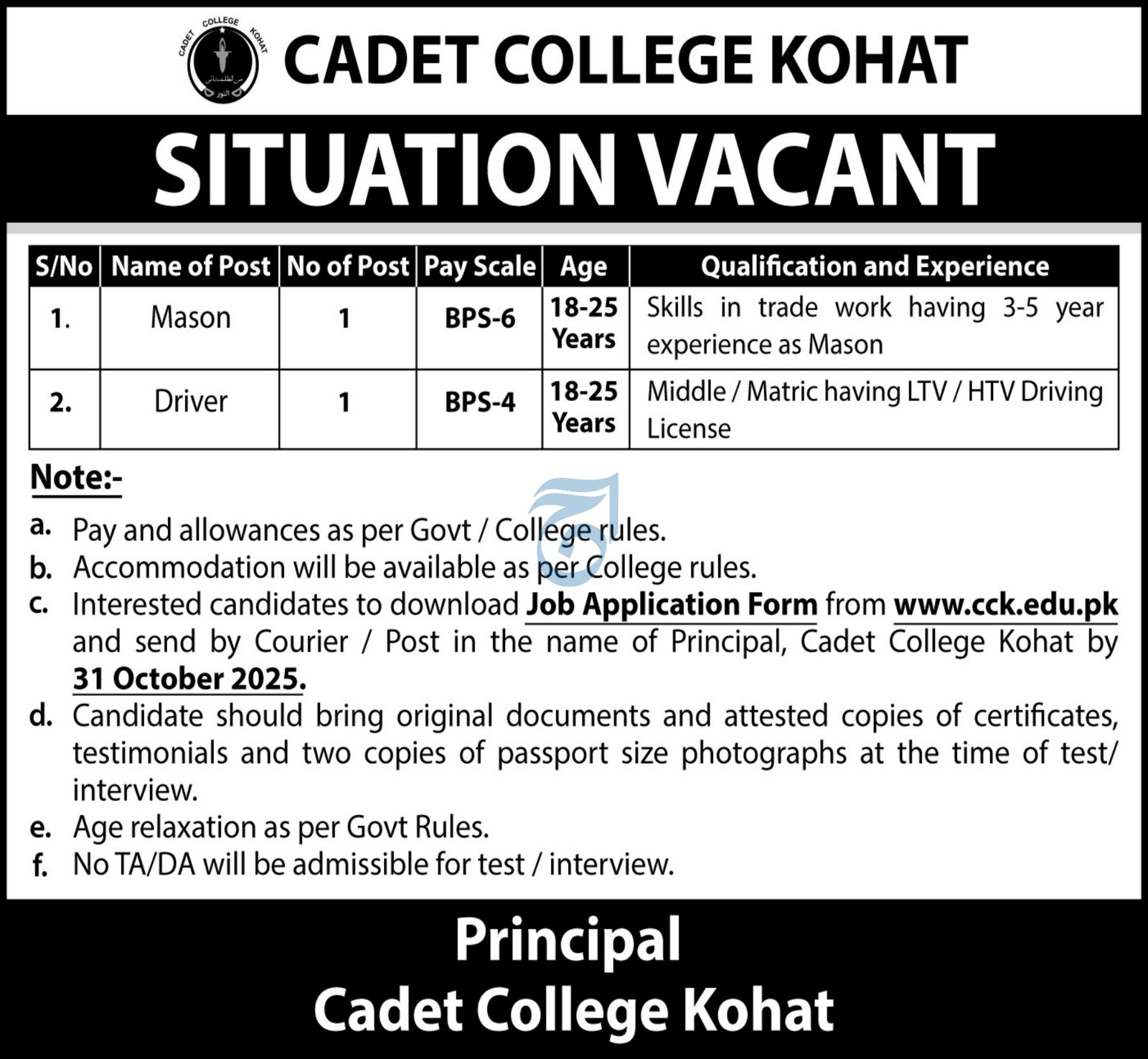 Cadet College Kohat Khyber Pakhtunkhwa Jobs 2025 Jobs 2025 — original advertisement