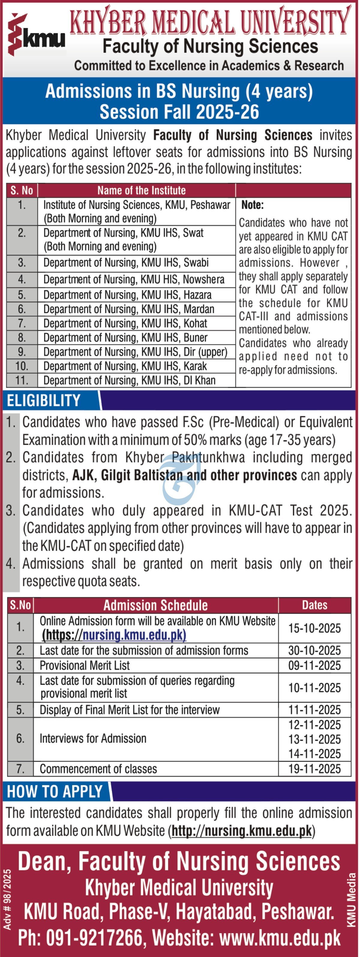 AdmissionOpen in khyber Medical University Peshawar 2025 Admissions 2025 — original advertisement