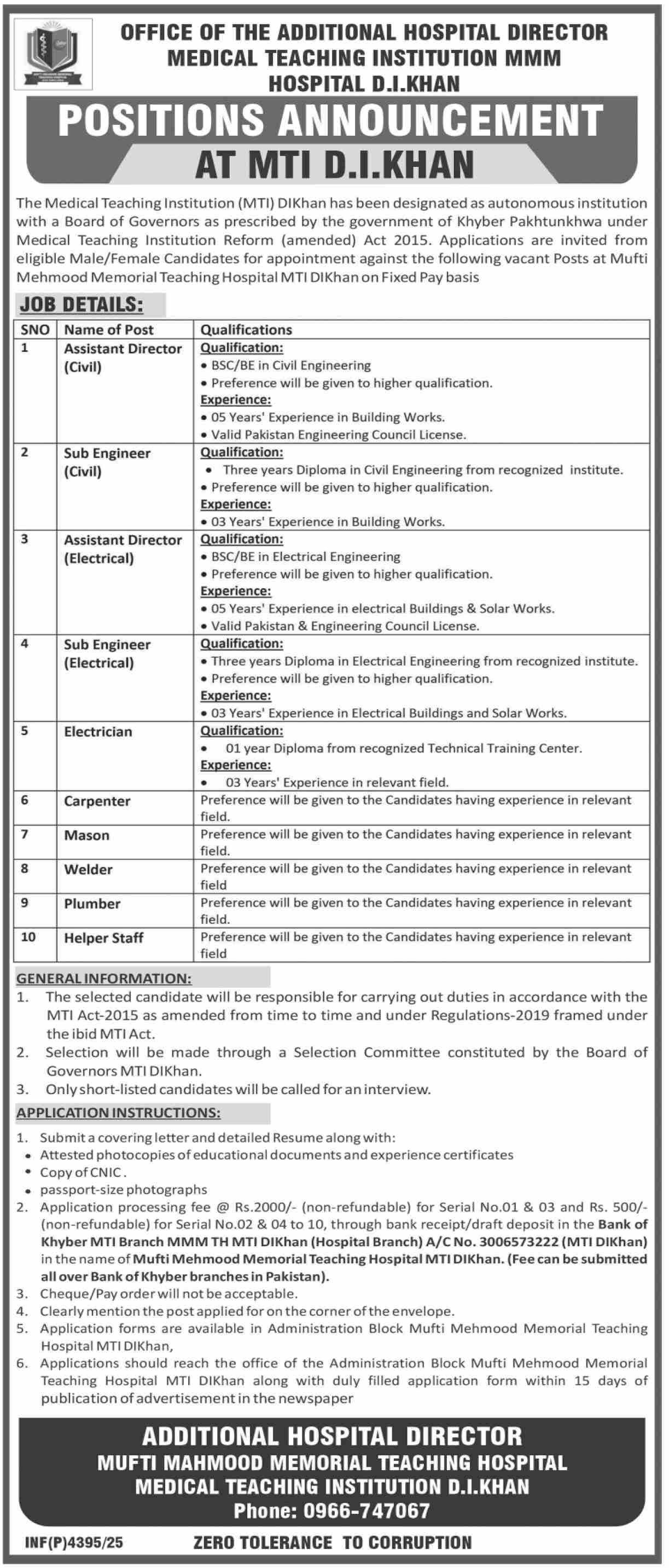 Medical Teaching Institution MTI DI Khan Jobs 2025 – Medical Teaching Institute MTI Khyber Teaching Hospital Peshawar Kpk Jobs 2025 — original advertisement