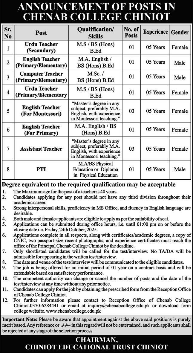 Chenab College Chiniot Jobs 2025 For Teachers – Chenab College Jhang Jobs 2025 — original advertisement