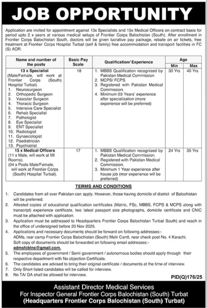 Frontier Core FC Hospital South Turbat Jobs 2025 – Frontier Corps (South) Balochistan Jobs 2025 — original advertisement