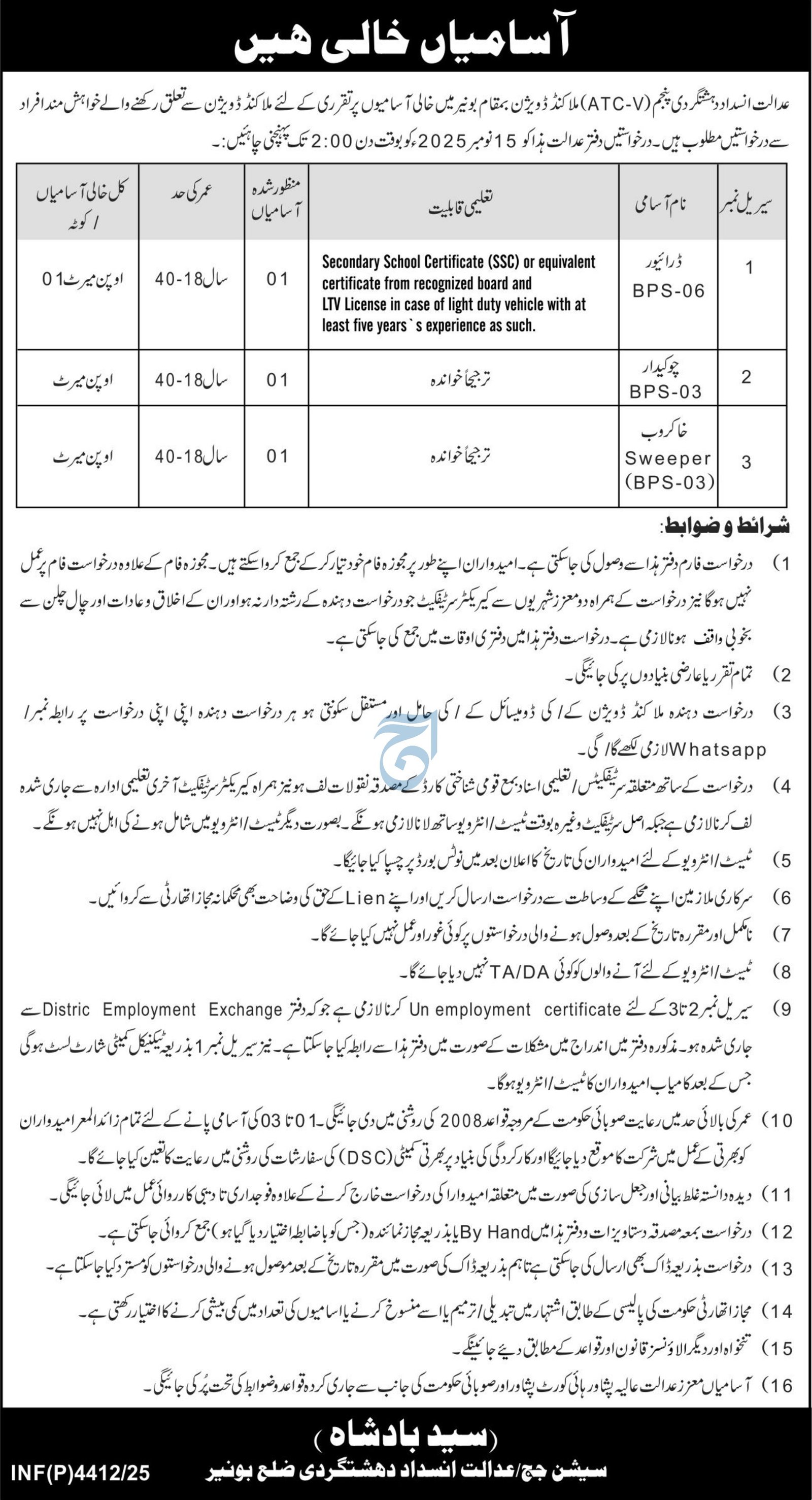 Anti Terrorism Court Malakand Jobs 2025 Jobs 2025 — original advertisement