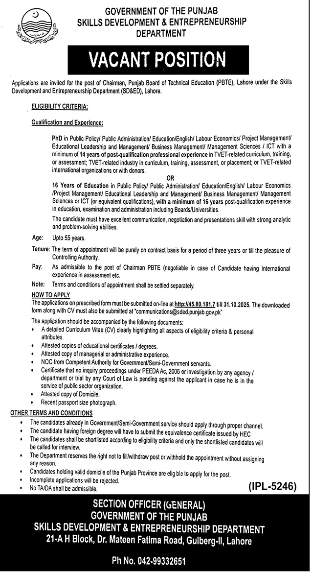 Punjab Board Of Technical Education PBTE Lahore Job 2025 – Punjab Boards Committee Of Chairpersons Jobs 2025 — original advertisement