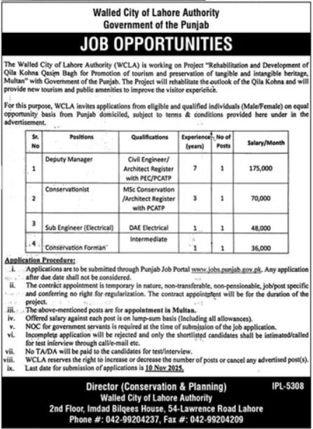 Walled City Of Lahore Authority Lahore Jobs 2025 – Walled City Of Lahore Authority WLCA Jobs 2025 — original advertisement