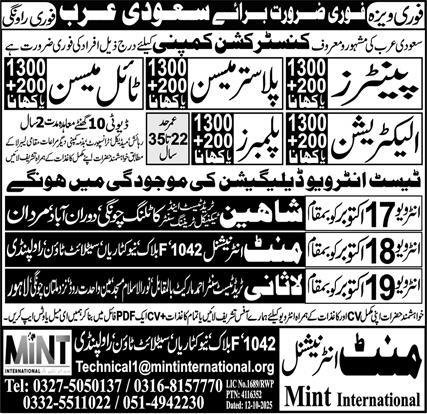 Painter & Plaster Mason Jobs 2025 In Saudi Arabia – Shaheen Traders Jobs 2025 — original advertisement