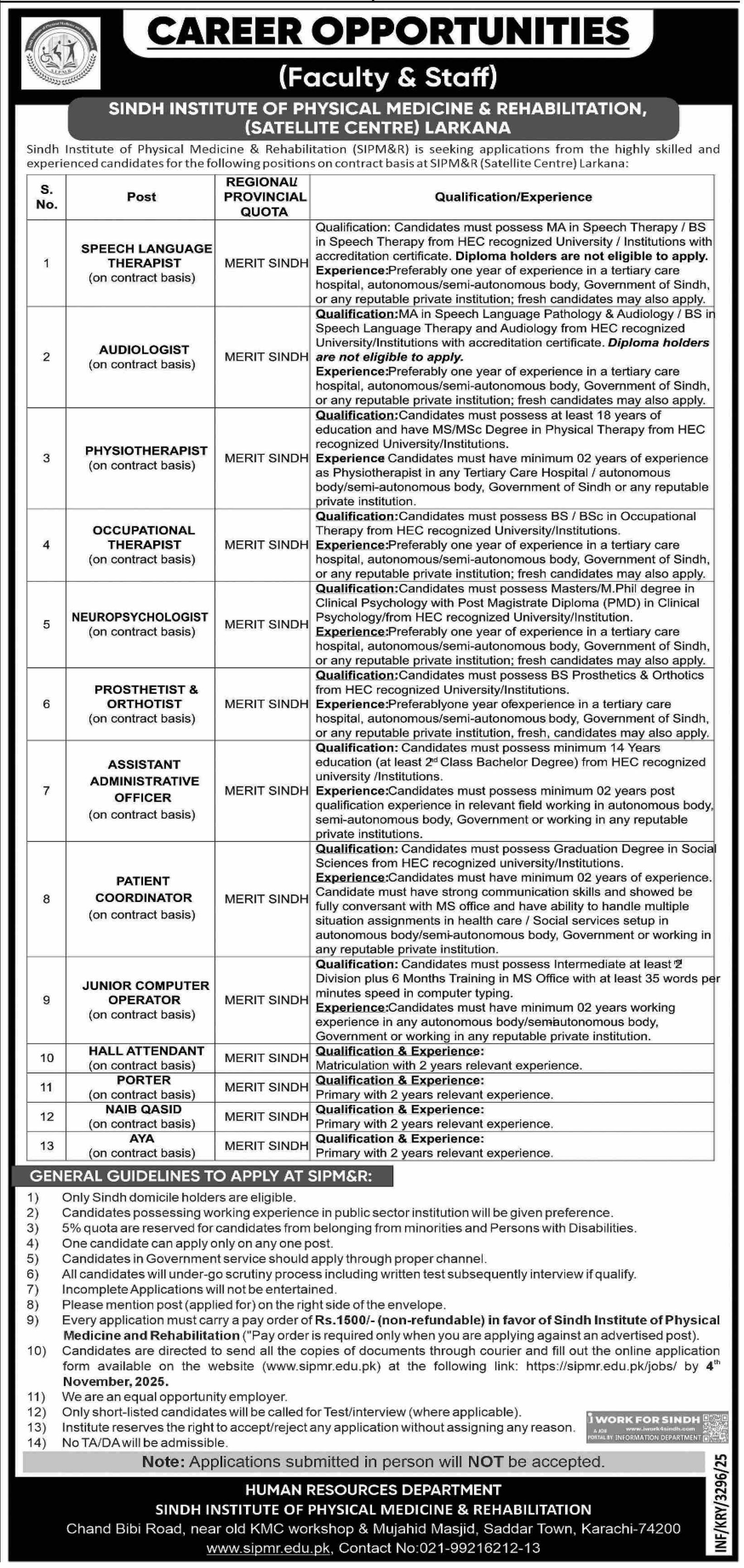 Sindh Institute Of Physical Medicine Larkana Jobs 2025 – Sindh Institute of Physical Medicine and Rehabilitation Jobs 2025 — original advertisement