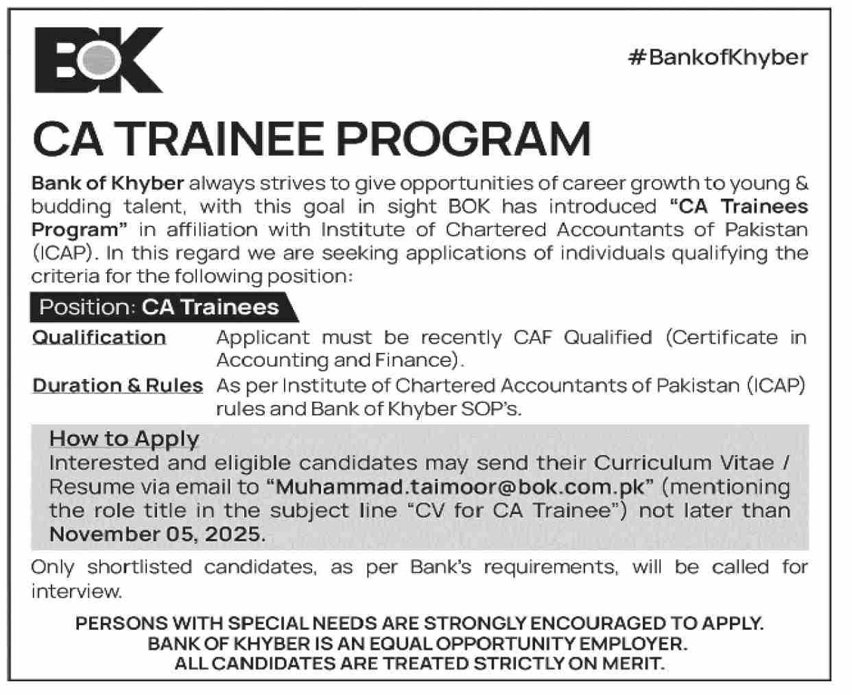 CA Trainee Required At The Bank Of Khyber BOK Jobs 2025 — original advertisement