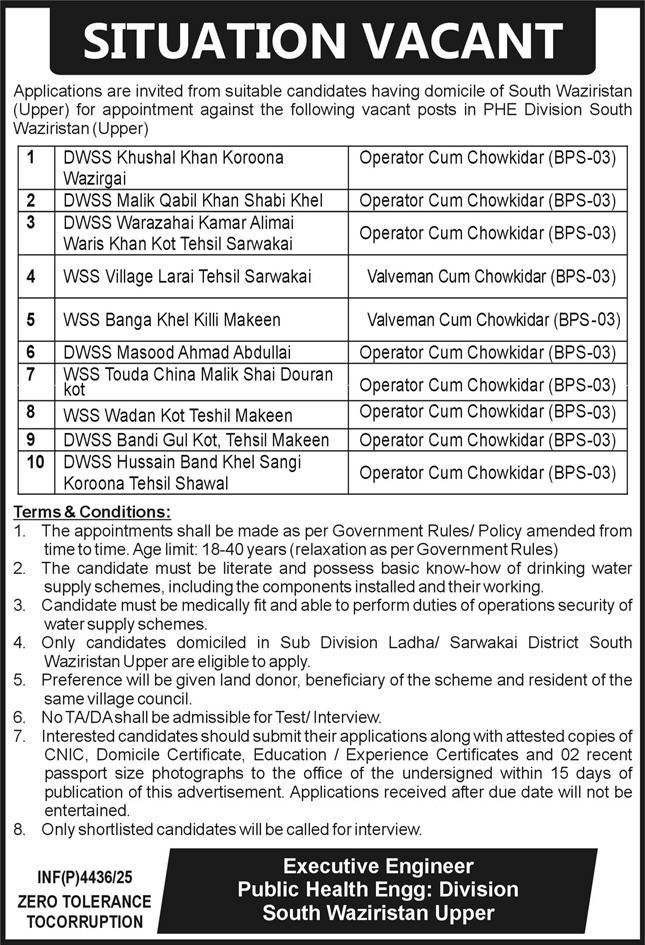 Public Health Engineering Division South Waziristan Jobs – Public Health Engineering Department KPK Jobs 2025 — original advertisement