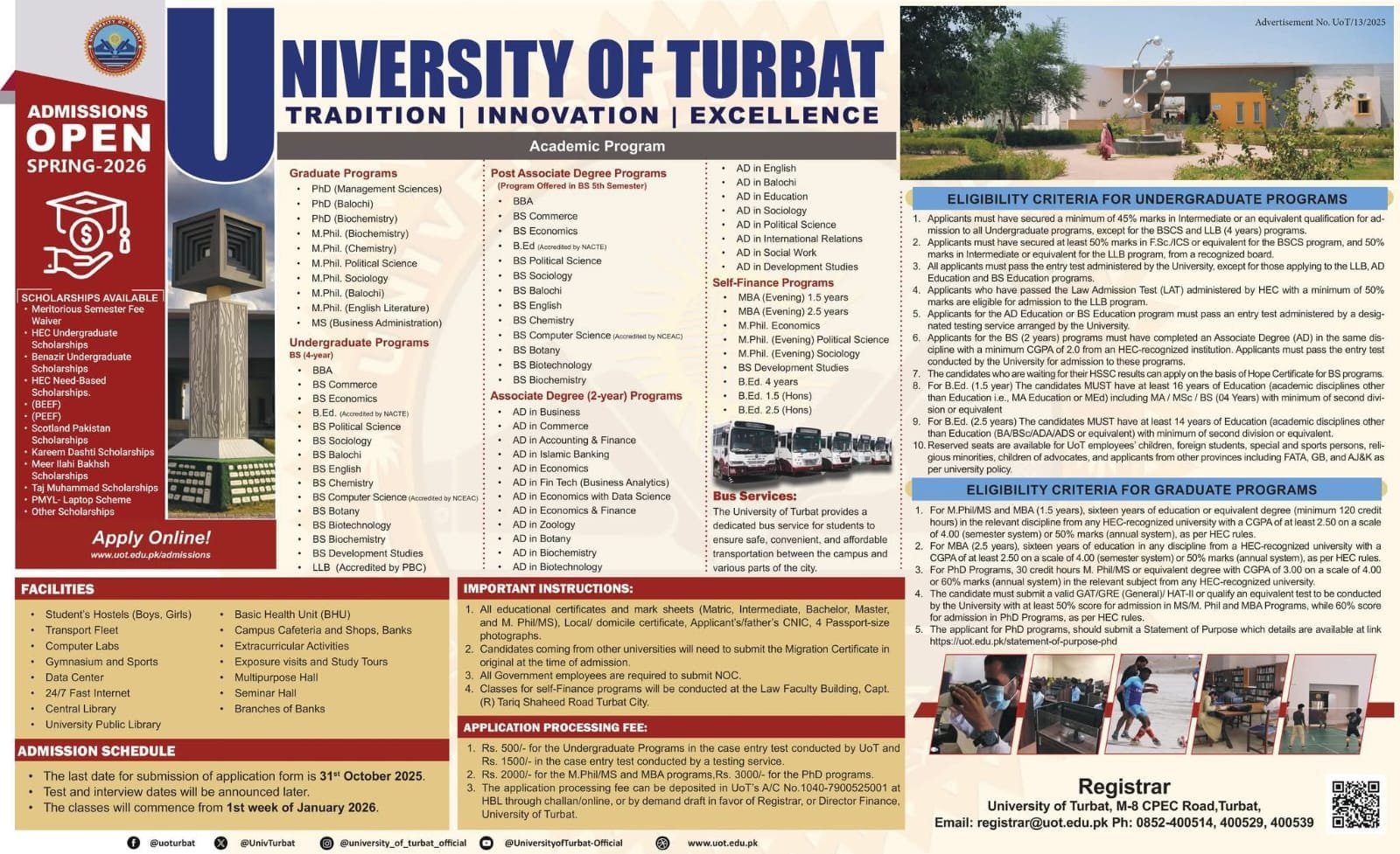 Admission Open in University of Turbat 2025 Admissions 2025 — original advertisement