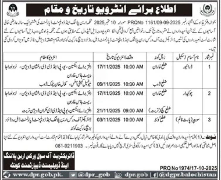 Civil Works Urban Planning and Development Department Interv – Urban Planning and Development department Balochistan Jobs 2025 — original advertisement