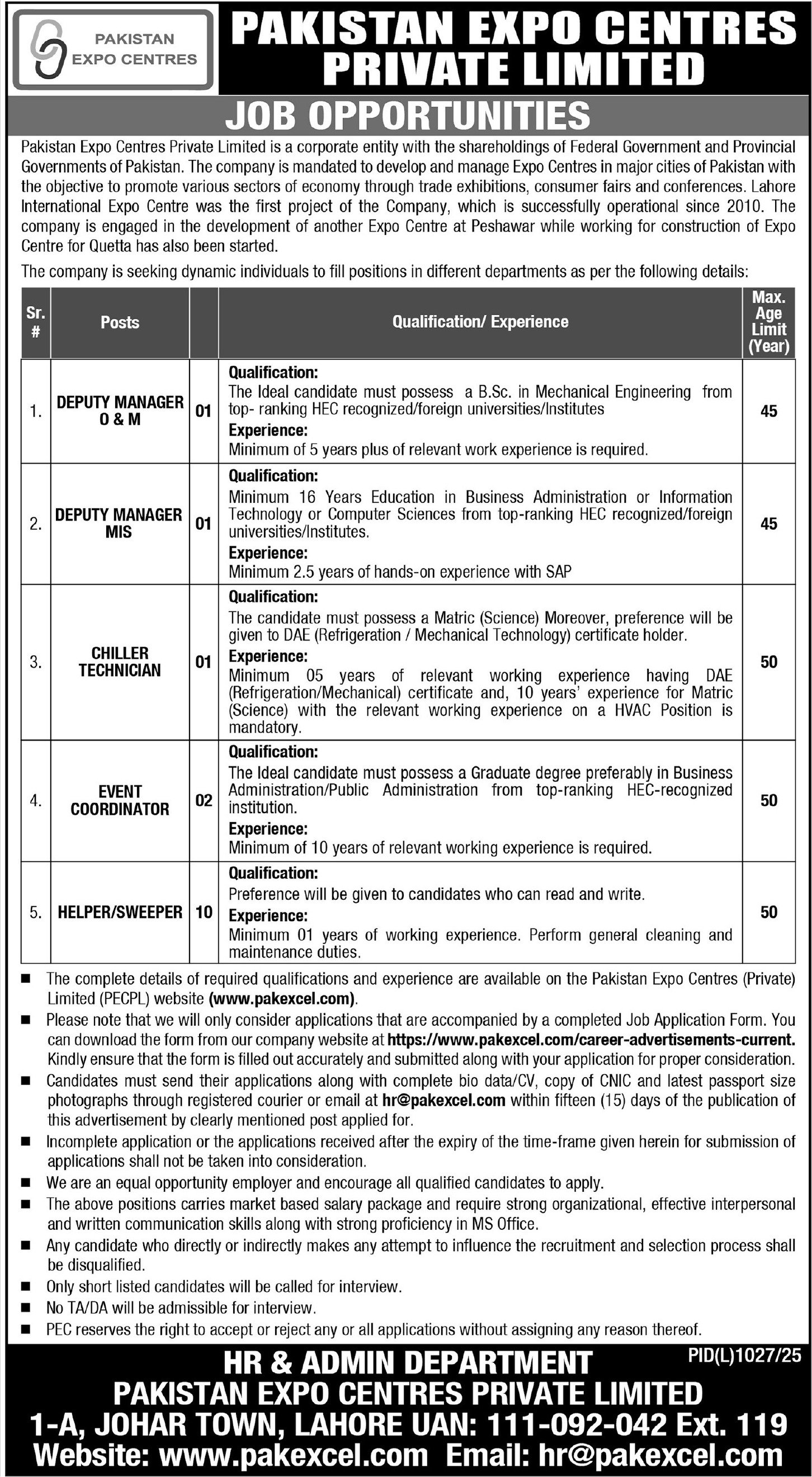 Pakistan Expo Centres Pvt Ltd Lahore Jobs 2025 – Pakistan Expo Centres Private Limited Jobs 2025 — original advertisement