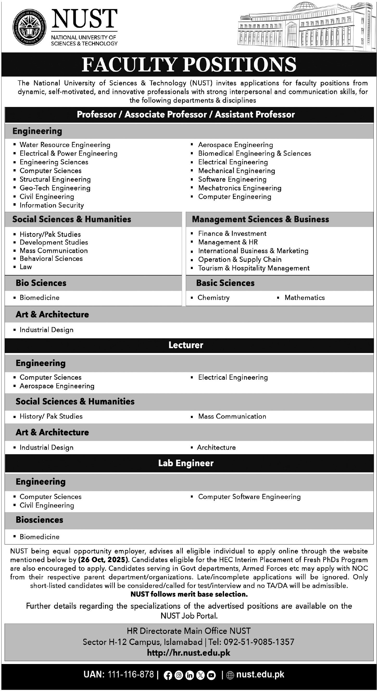 National University of Sciences & Technology NUST Jobs 2025 – National University of Science & Technology Islamabad Jobs 2025 — original advertisement