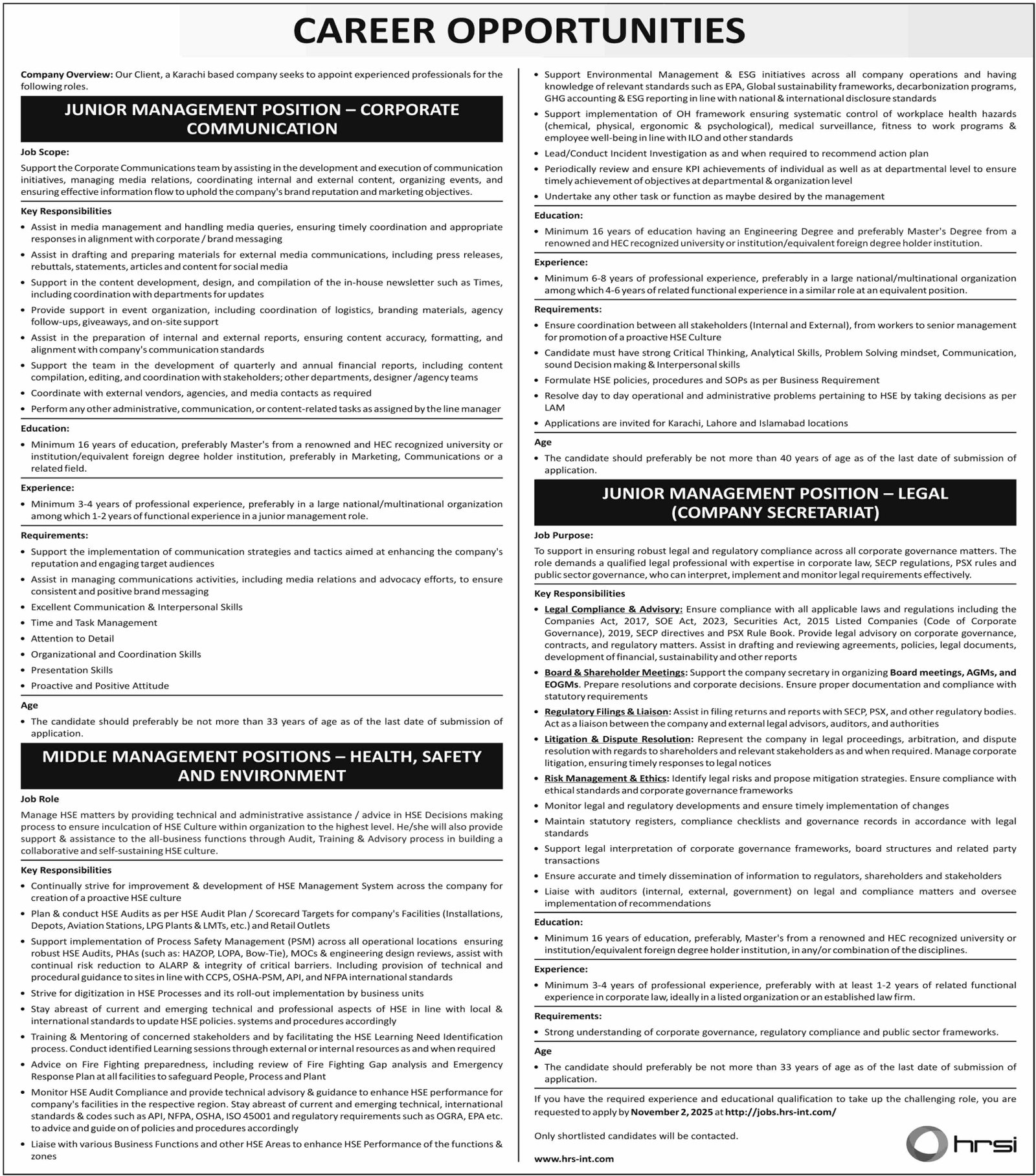 Human Resource Solutions International Karachi Jobs 2025 – HRSG People and Business karachi Jobs 2025 — original advertisement
