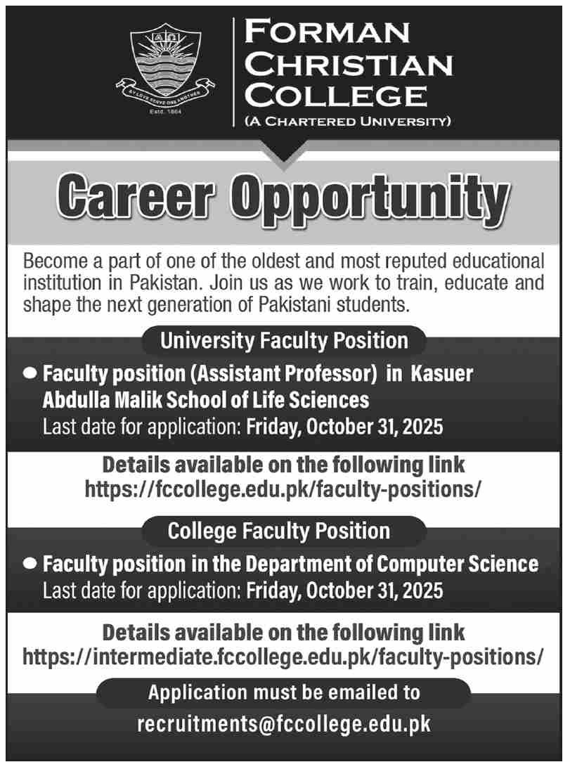 Forman Christian College Lahore Jobs 2025 Jobs 2025 — original advertisement