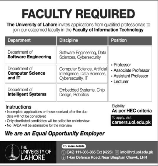 Faculty Required At The University Of Lahore Jobs 2025 — original advertisement