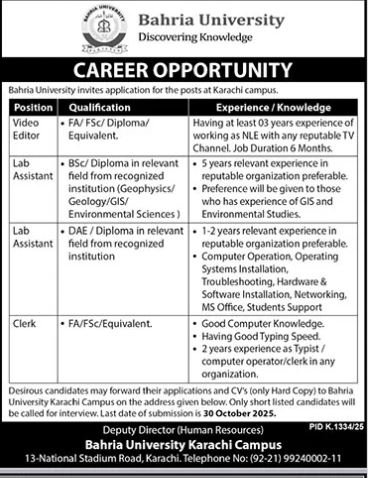 Bahria University Karachi Campus Jobs 2025 Jobs 2025 — original advertisement