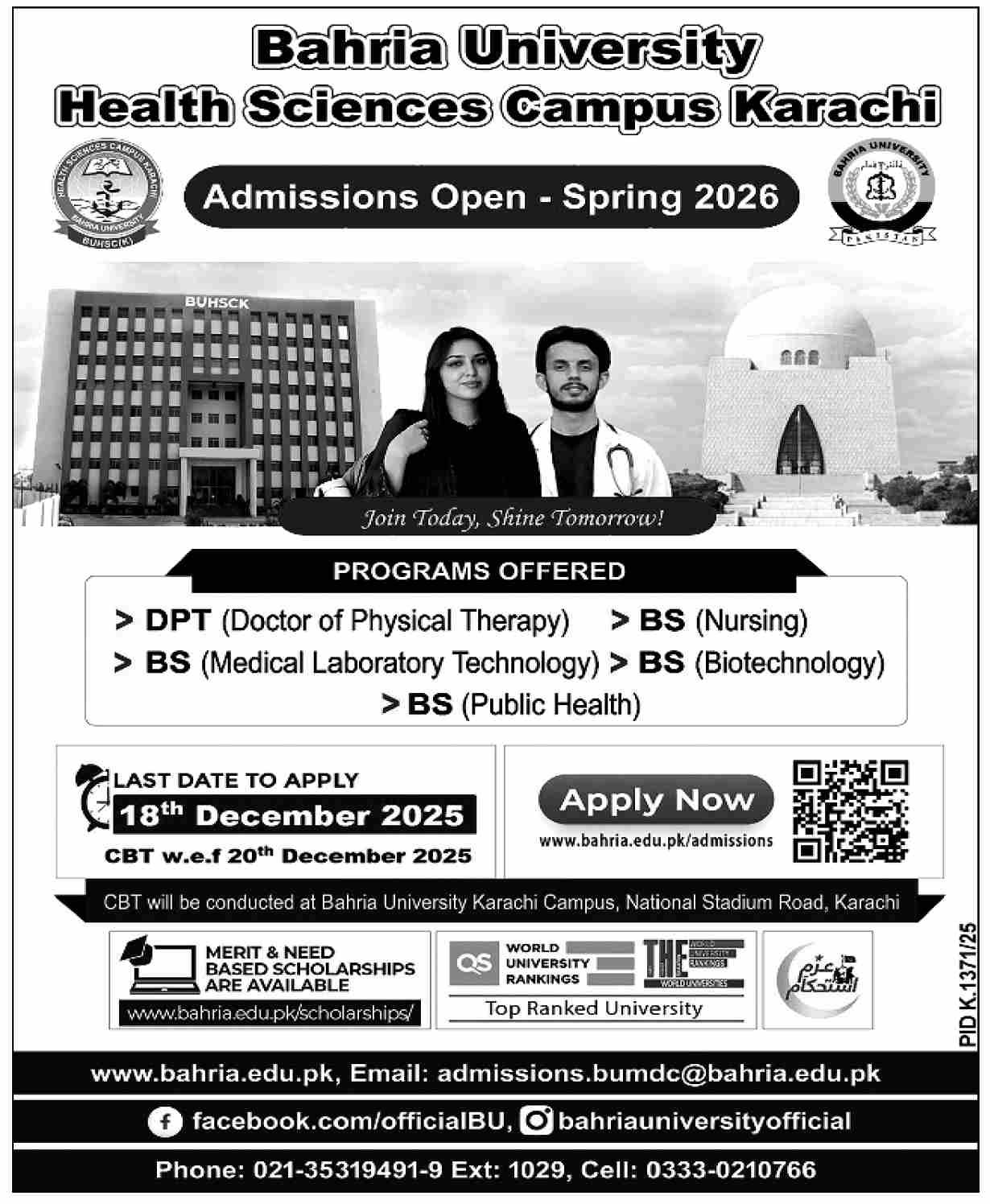 Admission Open in Bahria University Health Sciences Karachi Admissions 2025 — original advertisement