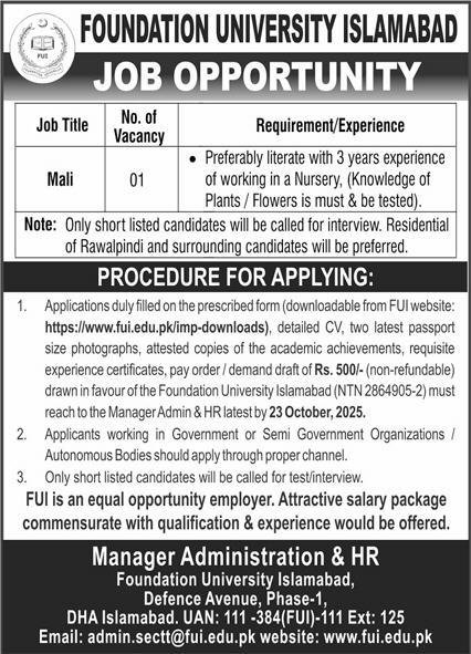 Foundation University Islamabad Jobs 2025 Jobs 2025 — original advertisement