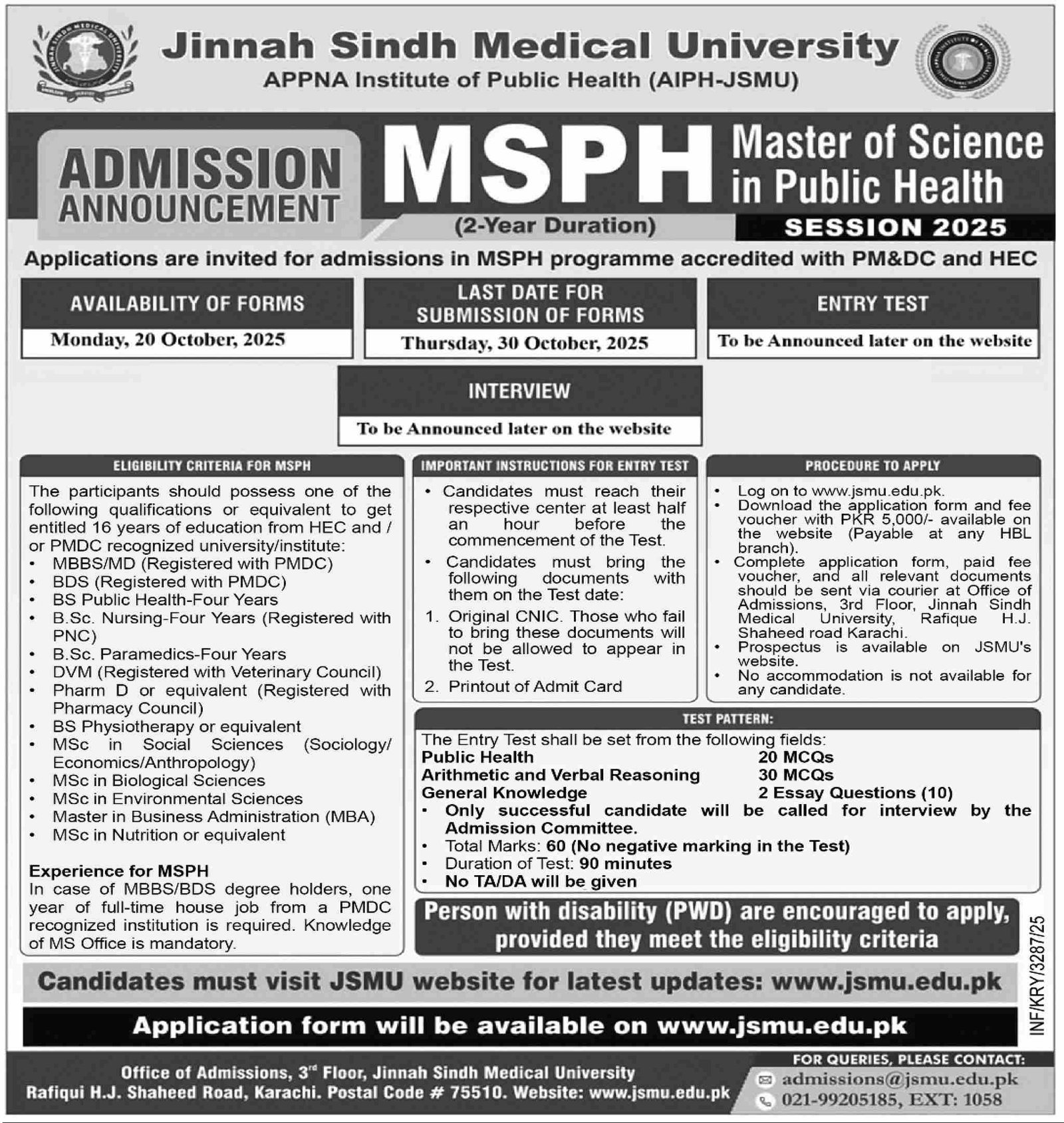 Admission Open in Jinnah Sindh Medical Univeristy 2025 – Jinnah Sindh Medical University Karachi Admissions 2025 — original advertisement