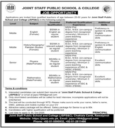 Joint Staff Public Schoo; & College Rawalpindi Jobs 2025 – Army Public School & College Paksitan Jobs 2025 — original advertisement