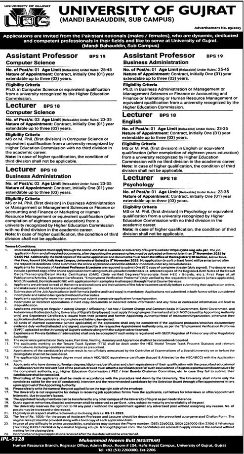 University of Gujrat Mandi bahauddin Sub Campus Jobs 2025 Jobs 2025 — original advertisement