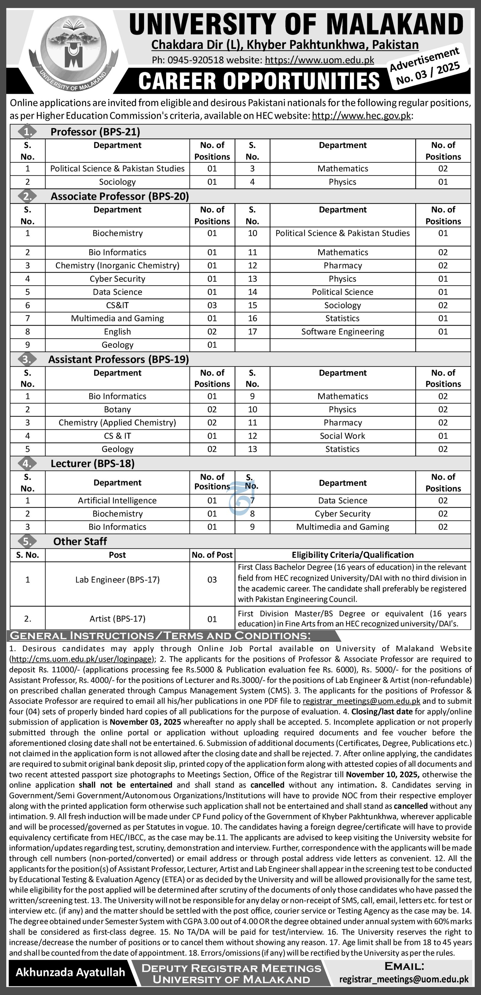 University of Malakand Lower Dir Jobs 2025 Jobs 2025 — original advertisement