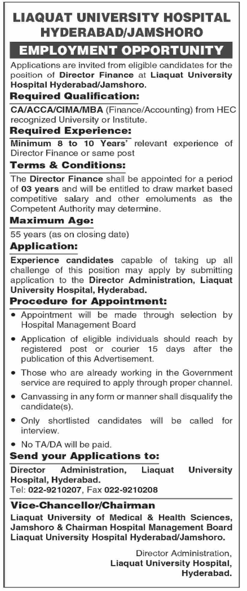 Liaquat University Hospital Hyderbad Jamshoro Jobs 2025 – Liaquat University of Medical & Health Sciences (LUMHS) Jamshoro Jobs 2025 — original advertisement