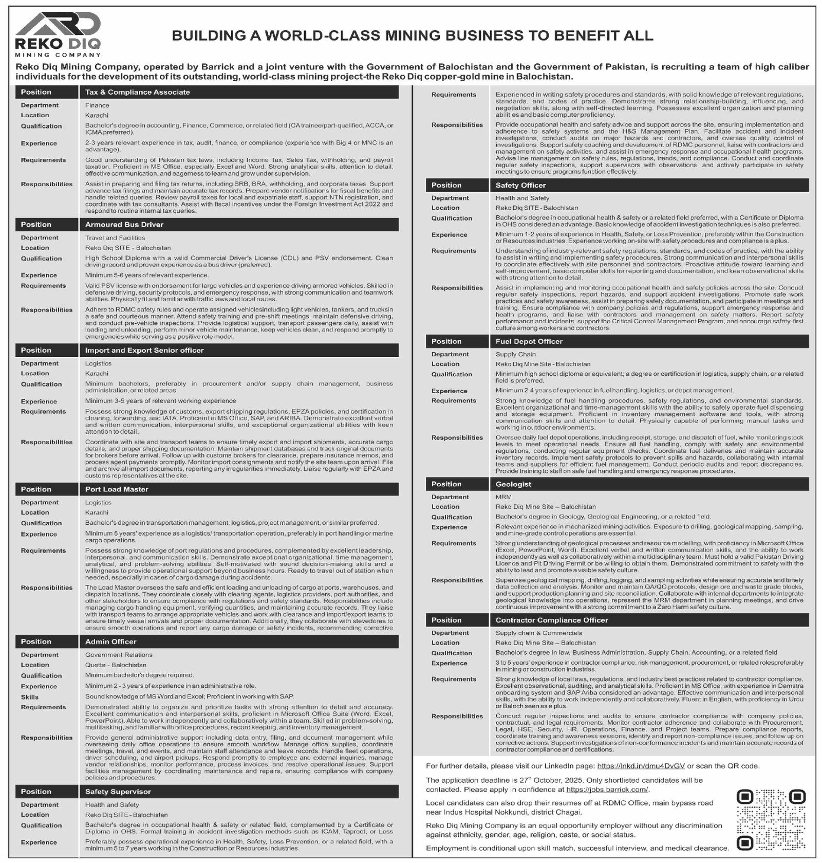 Reko Diq Mining Company Balochistan Jobs 2025 – Barrick Pakistan Jobs 2025 — original advertisement