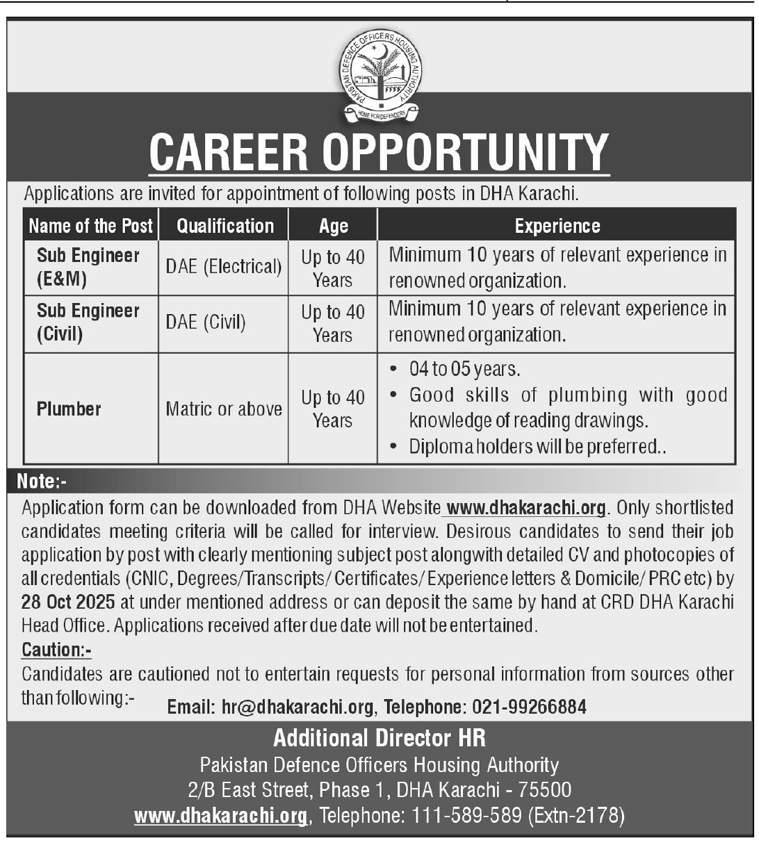 Defence Housing Authority DHA Karachi Jobs 2025 Jobs 2025 — original advertisement