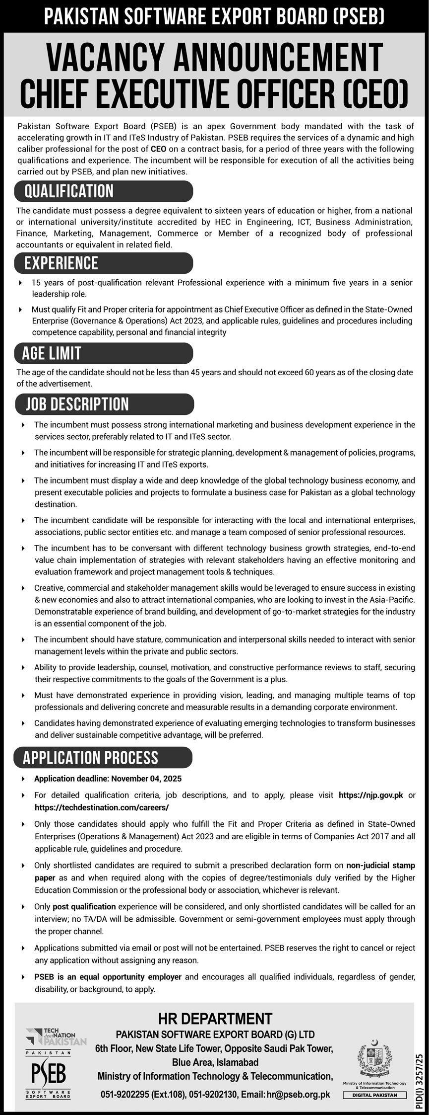 Pakistan Software Export Board PSEB Islamabad Job 2025 Jobs 2025 — original advertisement