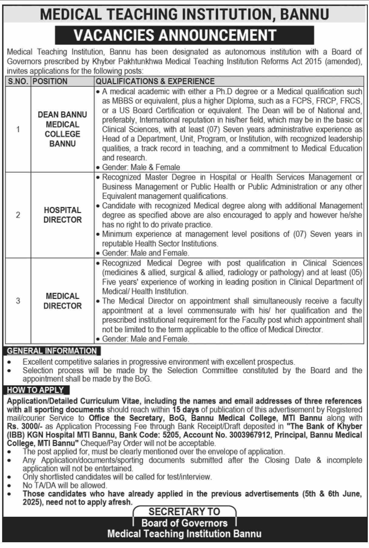 Medical Teaching Institution MTI Bannu Jobs 2025 – Medical Teaching Institution Bannu Jobs 2025 — original advertisement