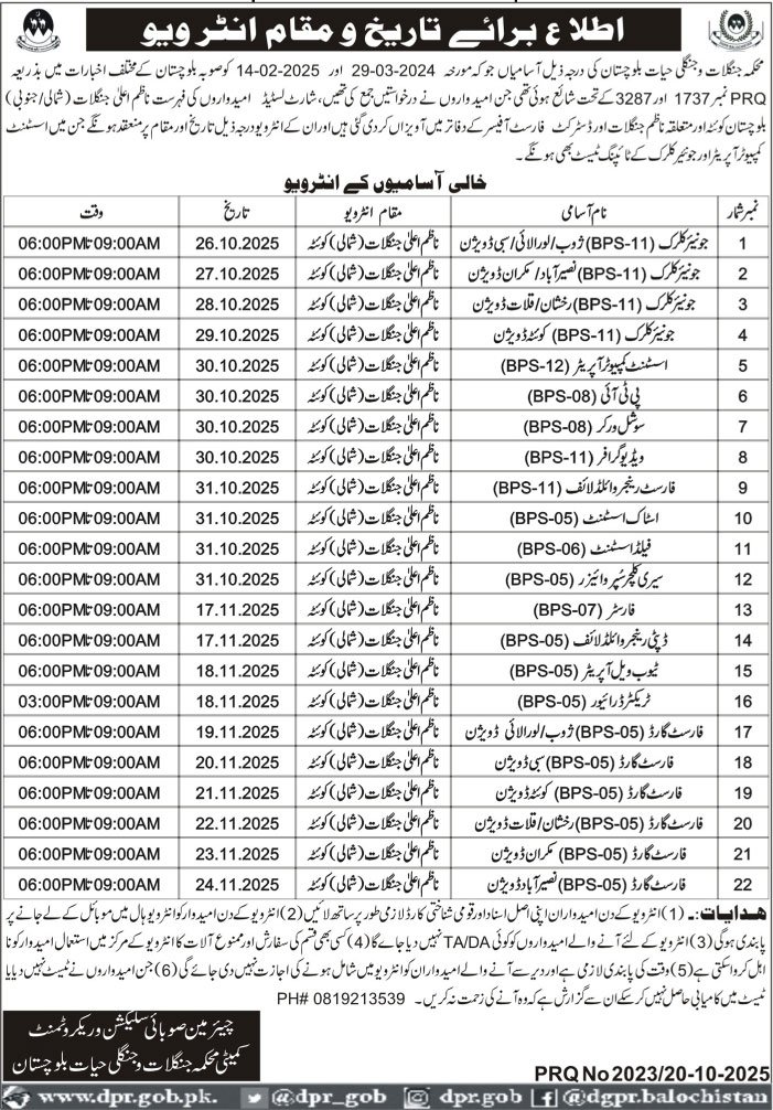 Forest & Wildlife Department Quetta Jobs Interview 2025 – Forest and Wildlife Department Balochsitan Jobs 2025 — original advertisement