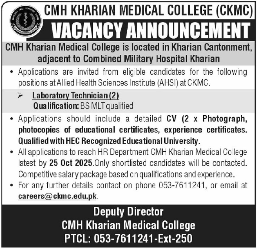 CMH Kharian Medical College CKMC Jobs 2025 – Combined Military Hospital CMH Jobs 2025 — original advertisement