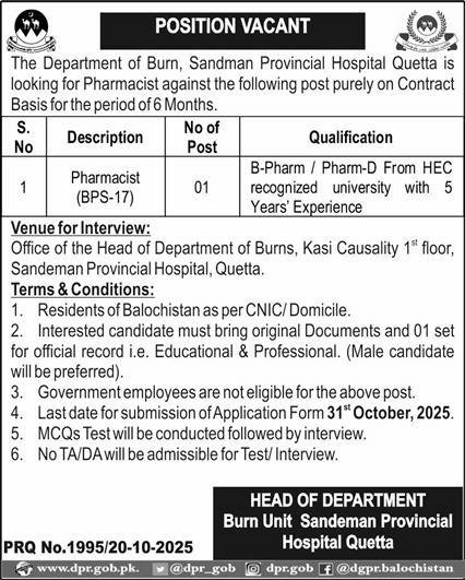 Burn Unit Sandeman Provincial Hospital Quetta Jobs 2025 – Sandeman Provisional Hospital Quetta Jobs 2025 — original advertisement
