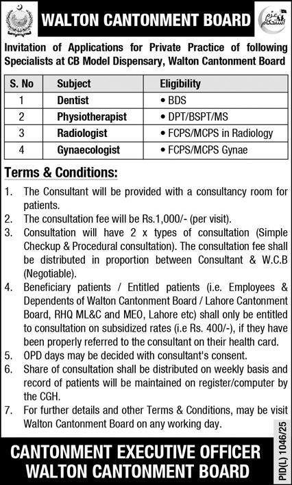 Walton Cantonment Board Lahore Jobs 2025 Jobs 2025 — original advertisement