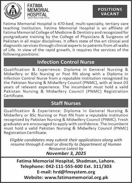 Fatima Memorial Hospital Lahore Jobs 2025 – Fatima Memorial Hospital (Fmh) Lahore Jobs 2025 — original advertisement