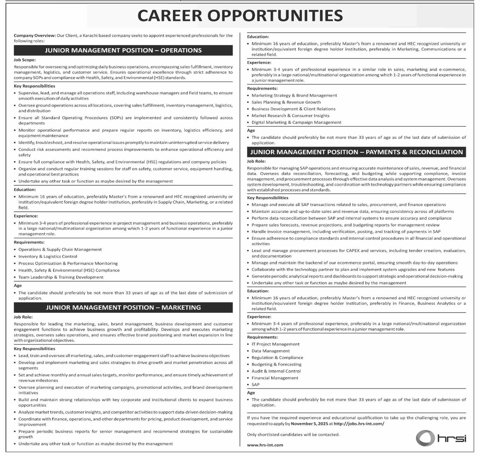 Human Resource Solutions International HRSI Jobs 2025 – HRSG People and Business karachi Jobs 2025 — original advertisement