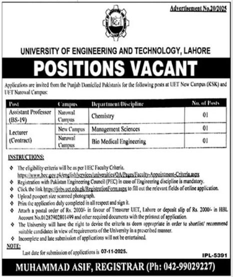 University Of Engineering & Technology UET Lahore Jobs 2025 – University of Engineering  & Technology Lahore Jobs 2025 — original advertisement