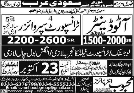 Auto Denter & Transport Supervisor Jobs 2025 In Saudi Arabia – Mehboob Enterprises Overseas Employment Promoters Jobs 2025 — original advertisement