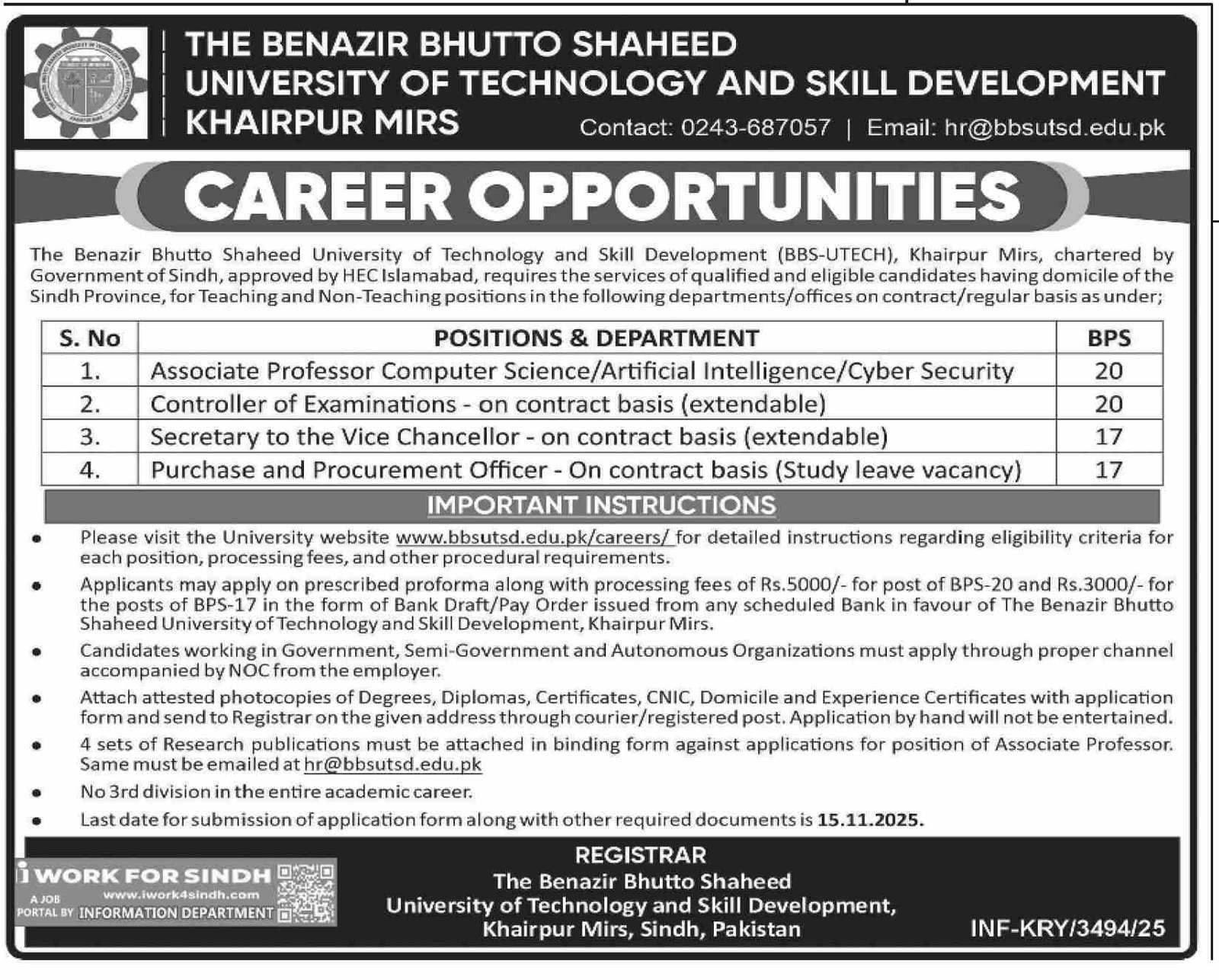 University Of Technology & Skill Development Khaipur Jobs – Shaheed Benazir Bhutto University Shaheed Benazirabad Jobs 2025 — original advertisement