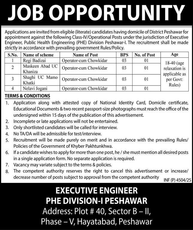 Public Health Engineering Division Peshawar Jobs 2025 – Public Health Engineering Department KPK Jobs 2025 — original advertisement