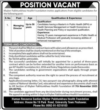 Khyber Pakhtunkhwa Health Foundation Peshawar Job 2025 – Medical Health Foundation KPK Jobs 2025 — original advertisement